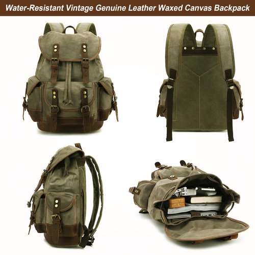 HuaChen Vintage Canvas Leather Backpack: Spacious Durable Rucksack for Men & Women, Perfect for Travel and College Life - M86 Army Green Coffee