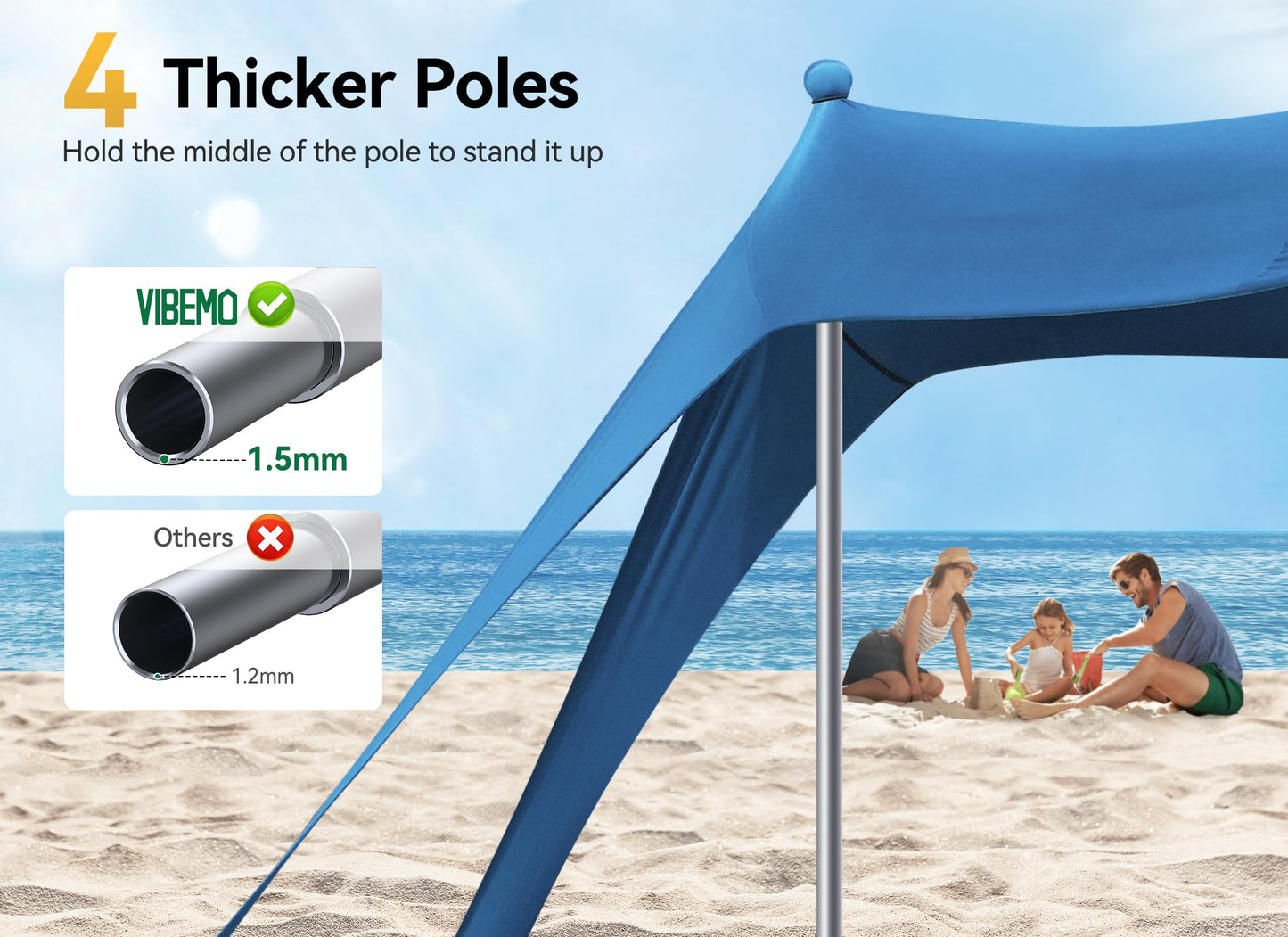 Vibemo Beach Tent, Beach Canopy Sun Shade with UPF50+ UV Protection, 10x10ft, Includes 8 Sandbags, Sand Shovel, Ground Pegs & 4 Stability Poles, Pop Up Sun Shelter for Camping, Picnics, Backyard Fun