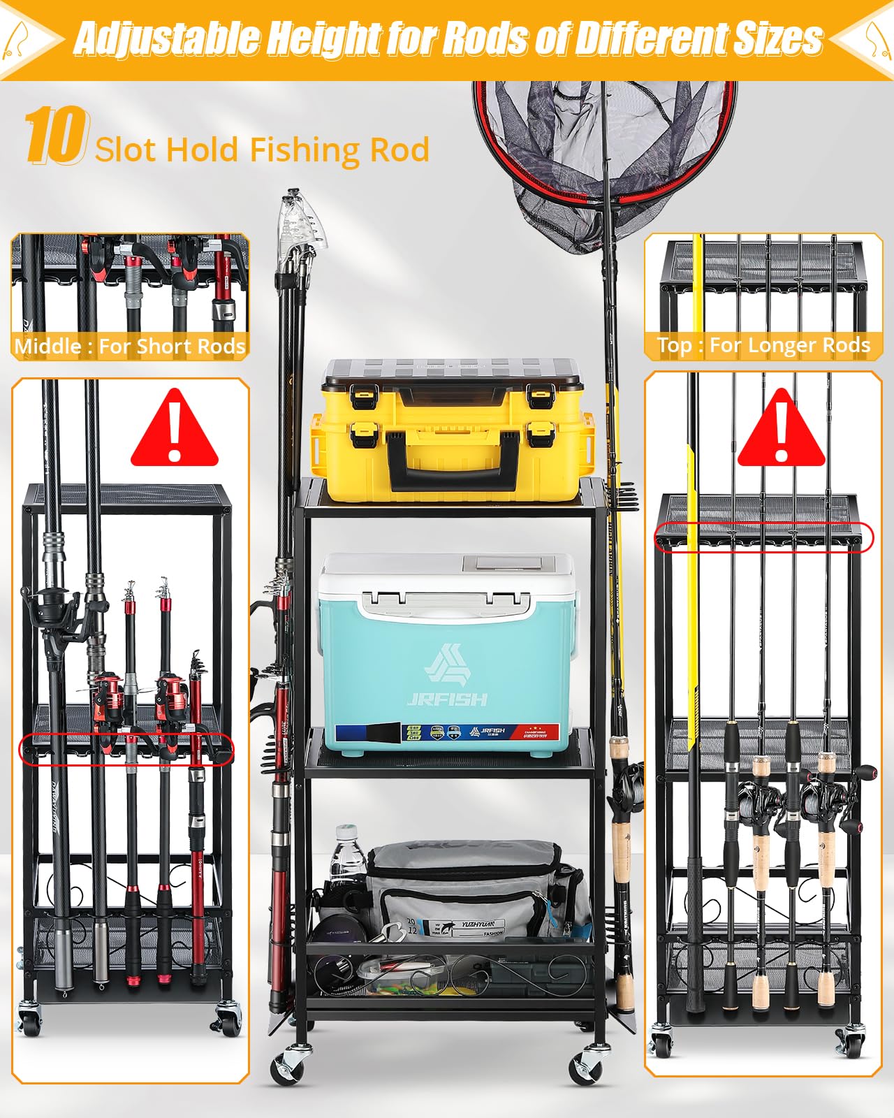EXTCCT Fishing Rod Holder - Fishing Pole Rack for 10 Rods - Adjustable Height Fishing Gear Equipment Organizer Storage Solution for Garage Basement or Indoor