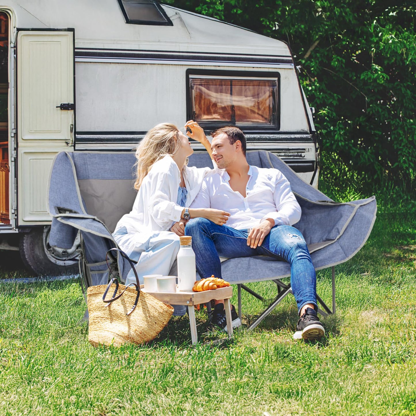 Join Nature 700lbs Capacity Double Camping Chair for 2 Adults - Low-Profile Outdoor Loveseat with XL Cup Holders & Storage Pockets, Heavy Duty Folding Couch for Camping, Lawn, Backyard (Navy Blue)