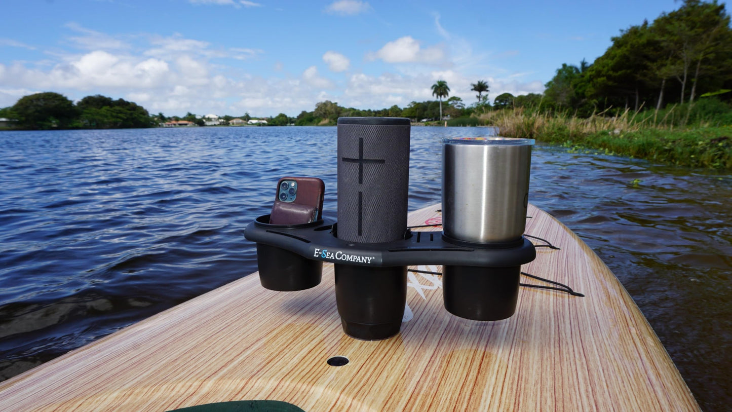 E-Sea Company: E-Sea Caddy Pro- (Black). Multi Cup Suction Mounted Drink Holder w/Knife, Pliers, Hook and Sunglass Storage. Perfect for Boats, Paddle Boards, Kayaks, Camping and More!