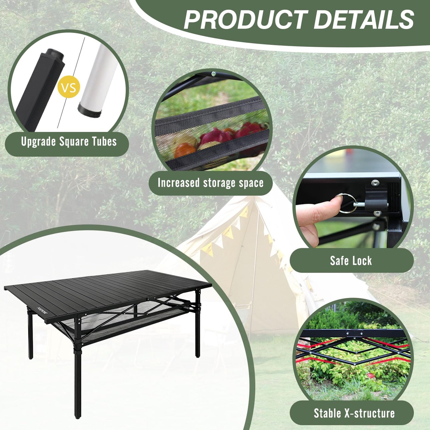 POEPORE Large Folding Camping Table Aluminum with Storage for 4-6 People 55"X27.5" Roll Up Tall Outdoor Portable Table Lightweight with Carry Bag for Picnic BBQ Backyard Beach