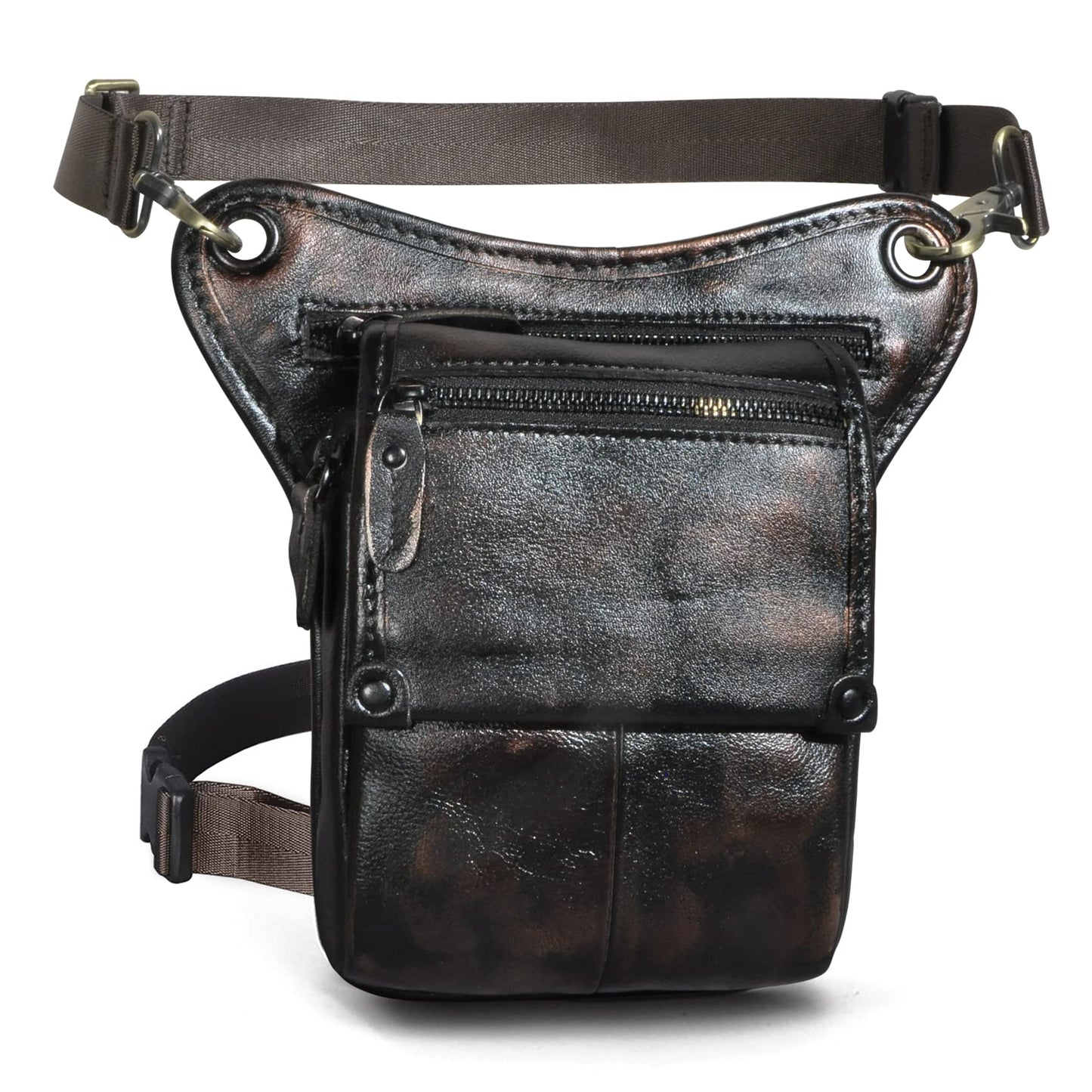 Le'aokuu Mens Womens Leather Tactical Motorcycle Outdoor Travel Waist Pack Drop Leg Thigh Hip Bum Bag With Strap 211-4 (Coffee and Black)