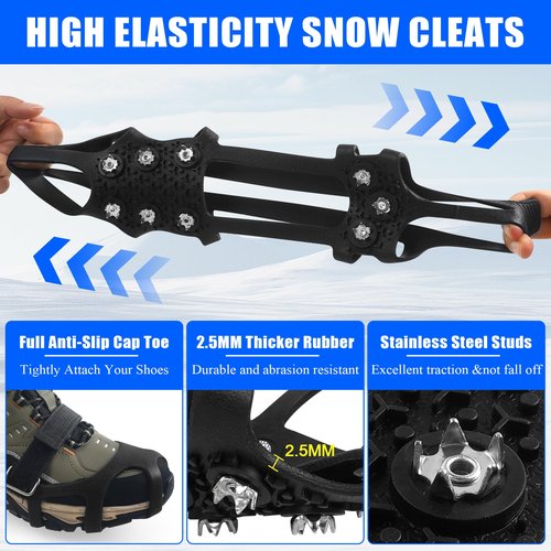 Ice Snow Cleats for Shoes and Boots Snow Traction Crampons Ice Gripper for Walking on Snow and Ice 9-Studs Non Slip Ice Cleats Rubber Overshoe Slip-on Stretch Footwear Winter Hiking Climbing Small