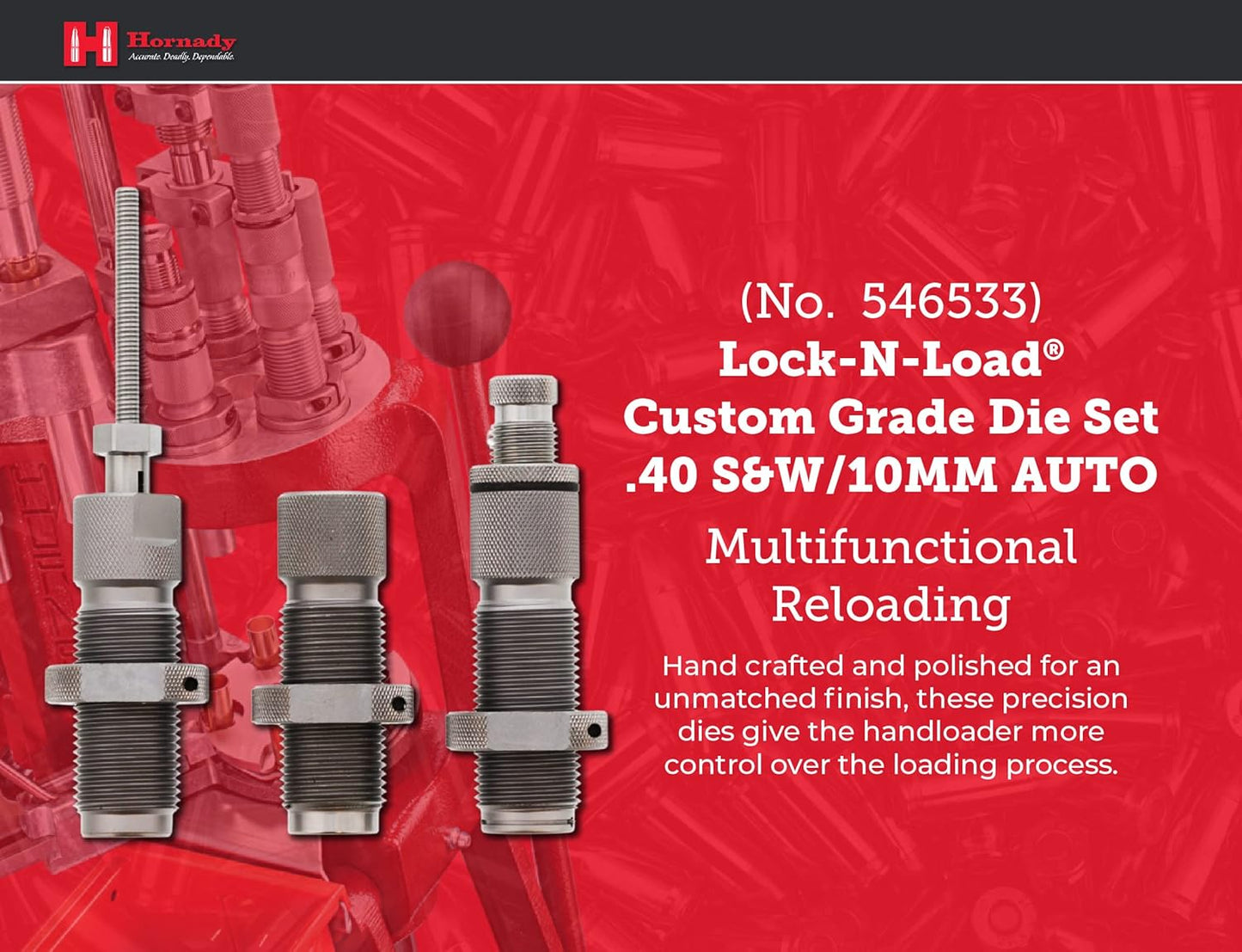Hornady Custom Grade New Dimension 3-Die Set - Caliber Specific Reloading Equipment for Handloaders with Full Length Sizer Die, Seating Die, Sure-Loc Rings, & Storage Box