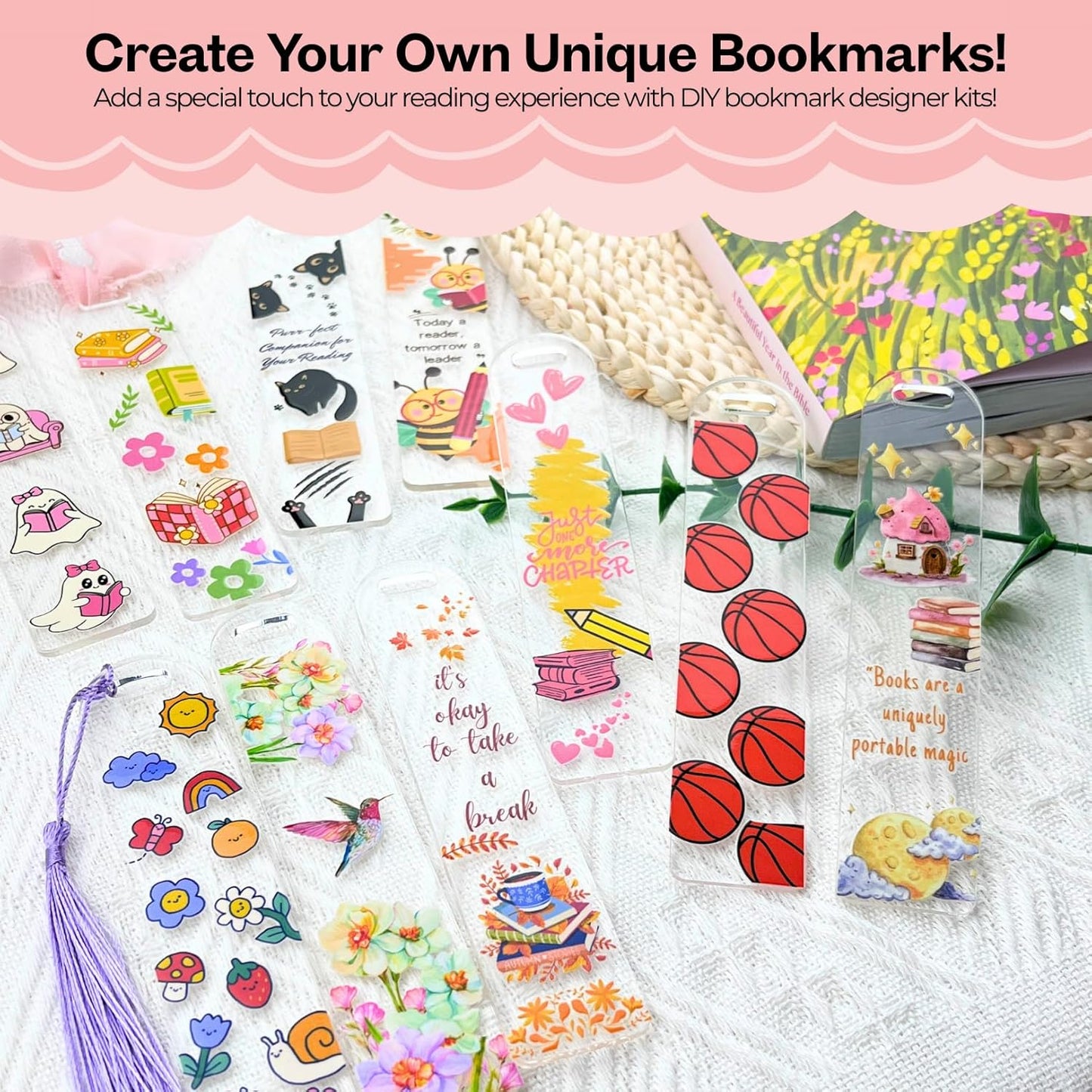 32 PCS Acrylic Bookmark Blanks(1mm Thick),Clear Acrylic Bookmarks with 32 Pcs UV DTF Sticker,32 Pcs Tassel, Suitable for DIY Your Crafts Gifts