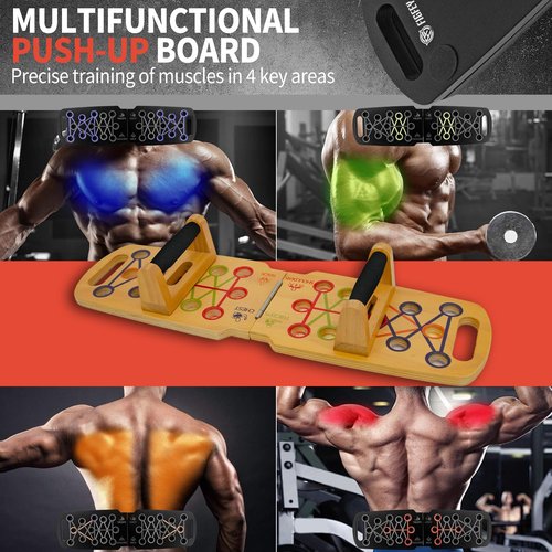 Wooden Portable Push up board, foldable fitness strength training pushup stand with solid bar grips, 2 handles for floor, professional push up training equipment for man and women, Brown