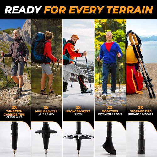 Foxelli Carbon Fiber Trekking Poles – Lightweight Collapsible Hiking Poles with Cork Grips, Lever Locks & All Terrain Accessories