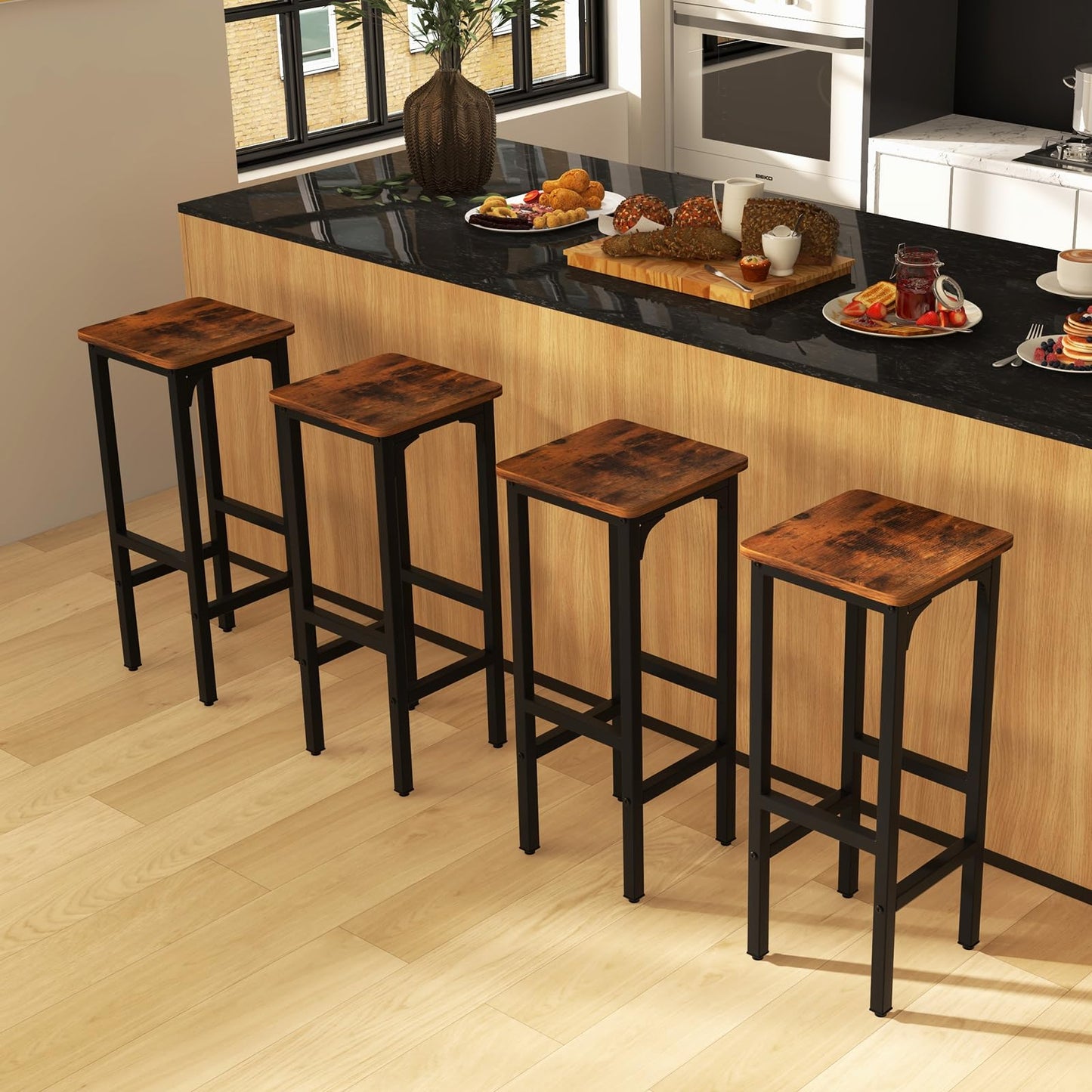 IFANNY Bar Stools Set of 2, 28" Bar Height Stools with Humanized Footrests & Metal Frame, Wood Counter Stool with Adjustable Foot Pads, Industrial Barstools for Kitchen Island, Dining Room (1)