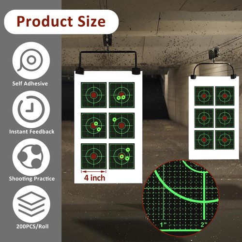 Green Sight in Splatter Target Stickers 4" Reactive Paper Targets with Precision Location, 200/400PCS Adhesive Shooting Target, Dark Grid Bottom Line Calibration for BB Gun/Pellet Gun/Airsoft