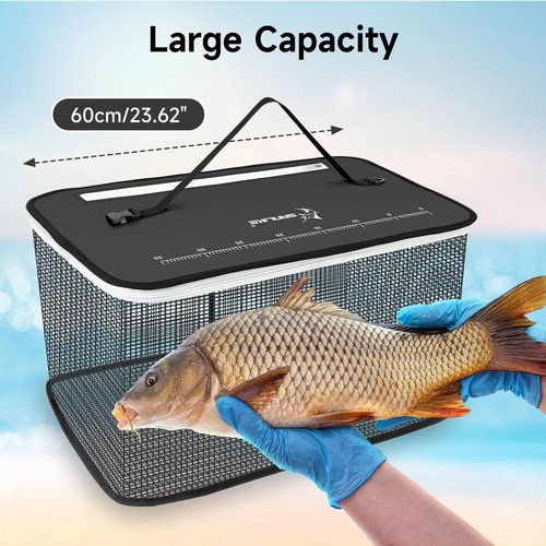 SANLIKE Floating Fishing Basket Collapsible Fishing Net Cage, Rubber Coated Net 59L Fish Basket for Live Caught Fish Minnows Bait Bucket Minnow Trap, Black