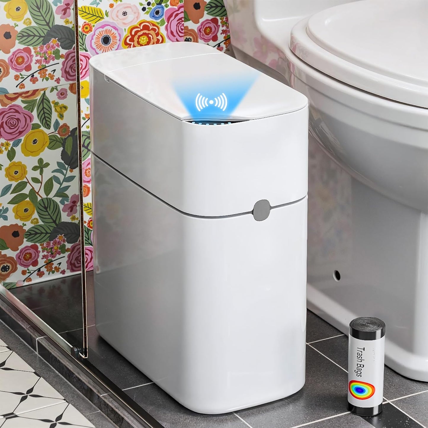 CTIME Touchless Automatic Bathroom Trash Can with Lid - 3 Gallon Slim Motion Sensor Garbage Can for Bedroom, Kitchen, Office - White (6" W x 11" L x 13" H)