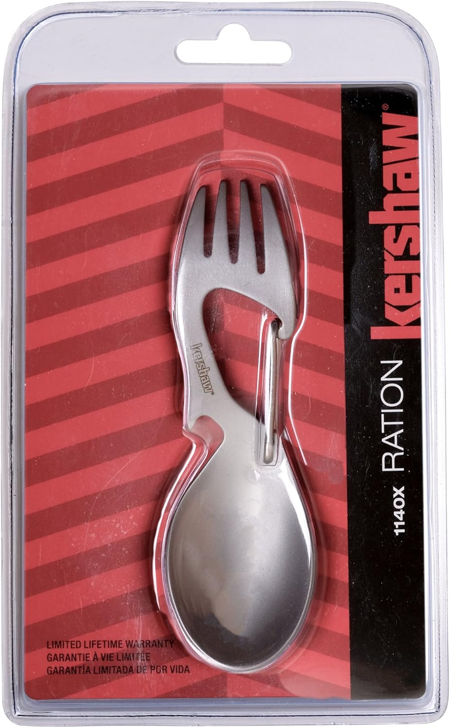 Kershaw Ration Multi Tool Spork, Stainless Steel Spoon, Fork, Carabiner and Bottle Opener, Regular and XL Sizes