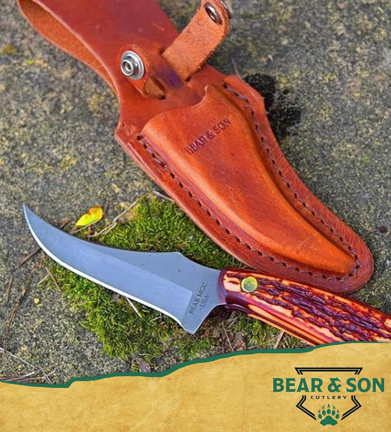 Bear & Son Cutlery 7 1/4" Upswept Skinner Knife, 440 High Carbon Stainless Steel Blade, Stag Delrin Handle, Leather Sheath (753)