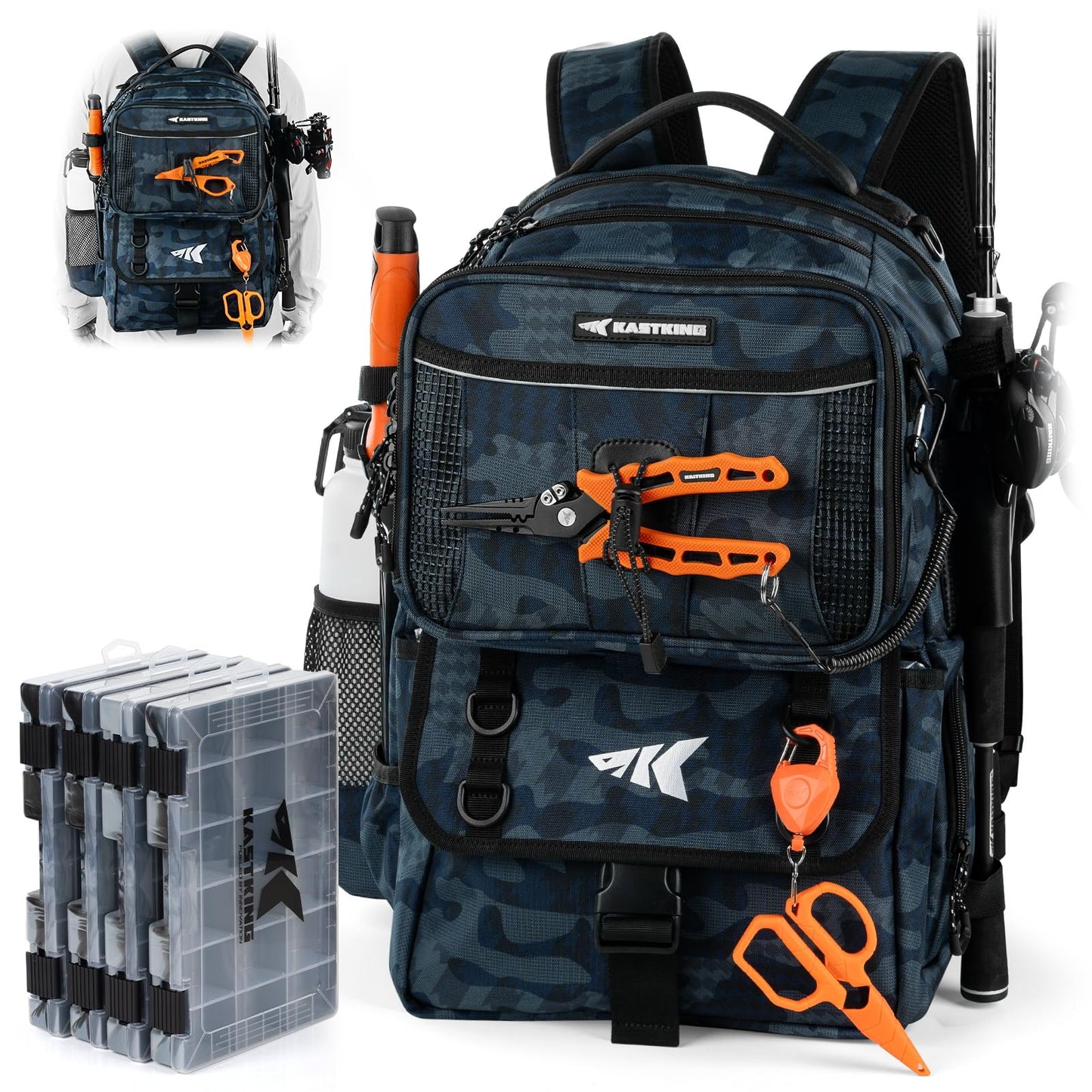 KastKing BaitSpace 50L Fishing Tackle Backpack with Removable Bait Binder & 4 Tackle Boxes,2 Rod Holders Storage Fishing Gear and Equipment,Blue Camo