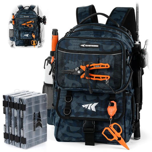 KastKing BaitSpace 50L Fishing Tackle Backpack with Removable Bait Binder & 4 Tackle Boxes,2 Rod Holders Storage Fishing Gear and Equipment,Blue Camo