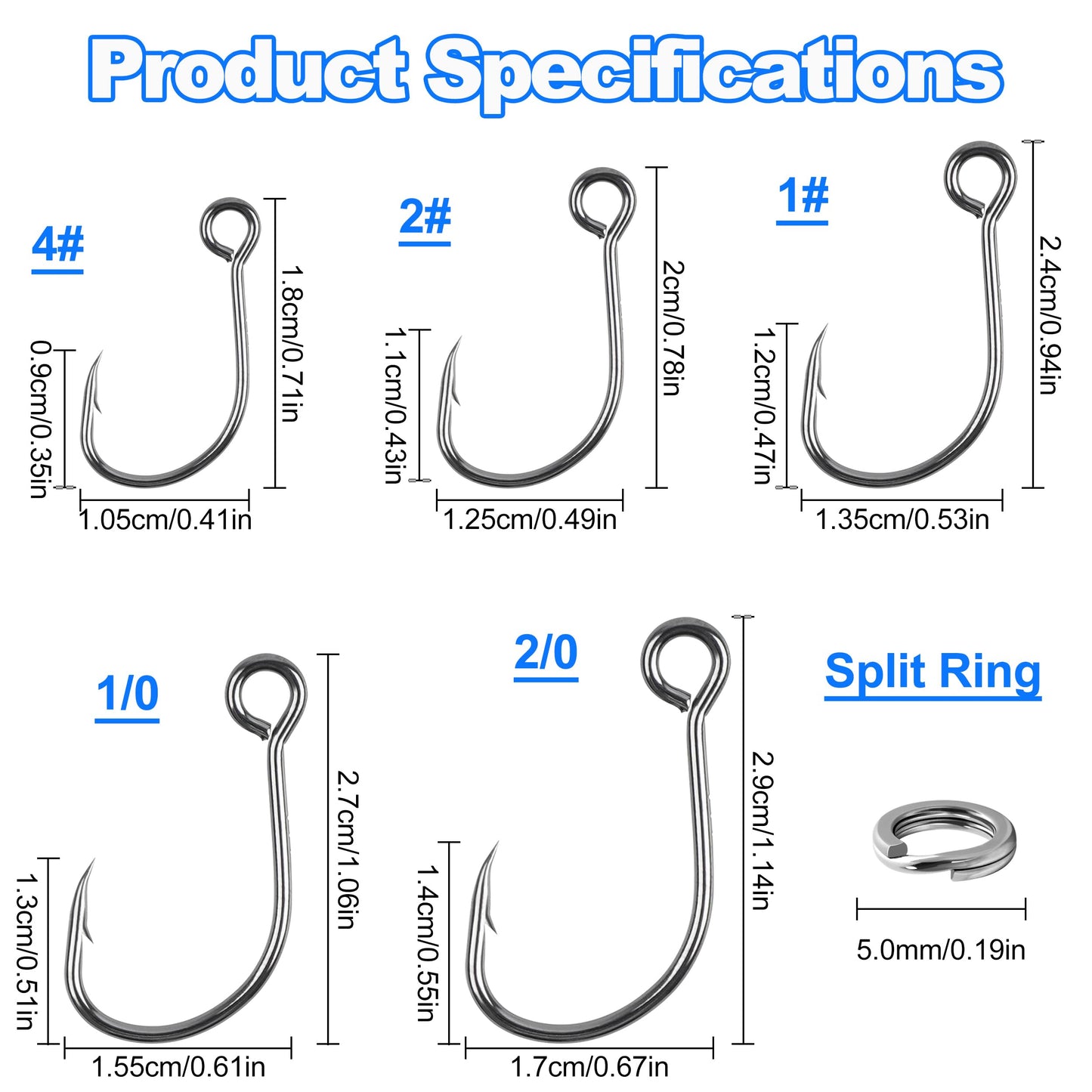 150pcs Inline Single Hooks Kit Fishing Replacement Hooks for Lure Plugs Baits Large Eye Inline Circle Hook with Split Rings Freshwater Saltwater Fishing Tackle