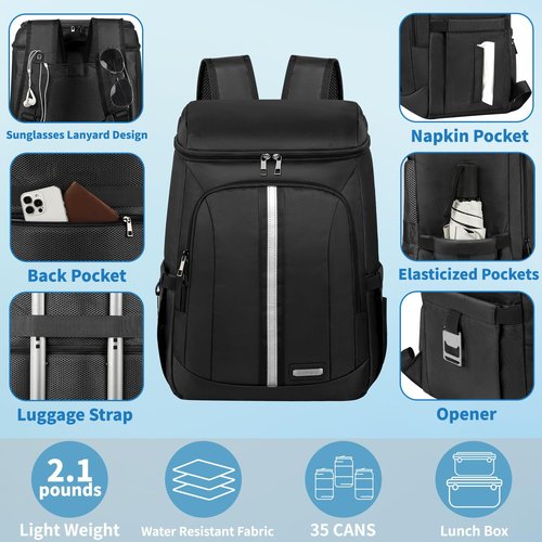 Backpack Cooler Insulated Leak Proof 35 Cans, 2 Insulated Compartments Thermal Bag, Portable Lightweight Beach Travel Camping Lunch Backpack for Men and Women, 30L, Reflective Stripes, Water Resistant