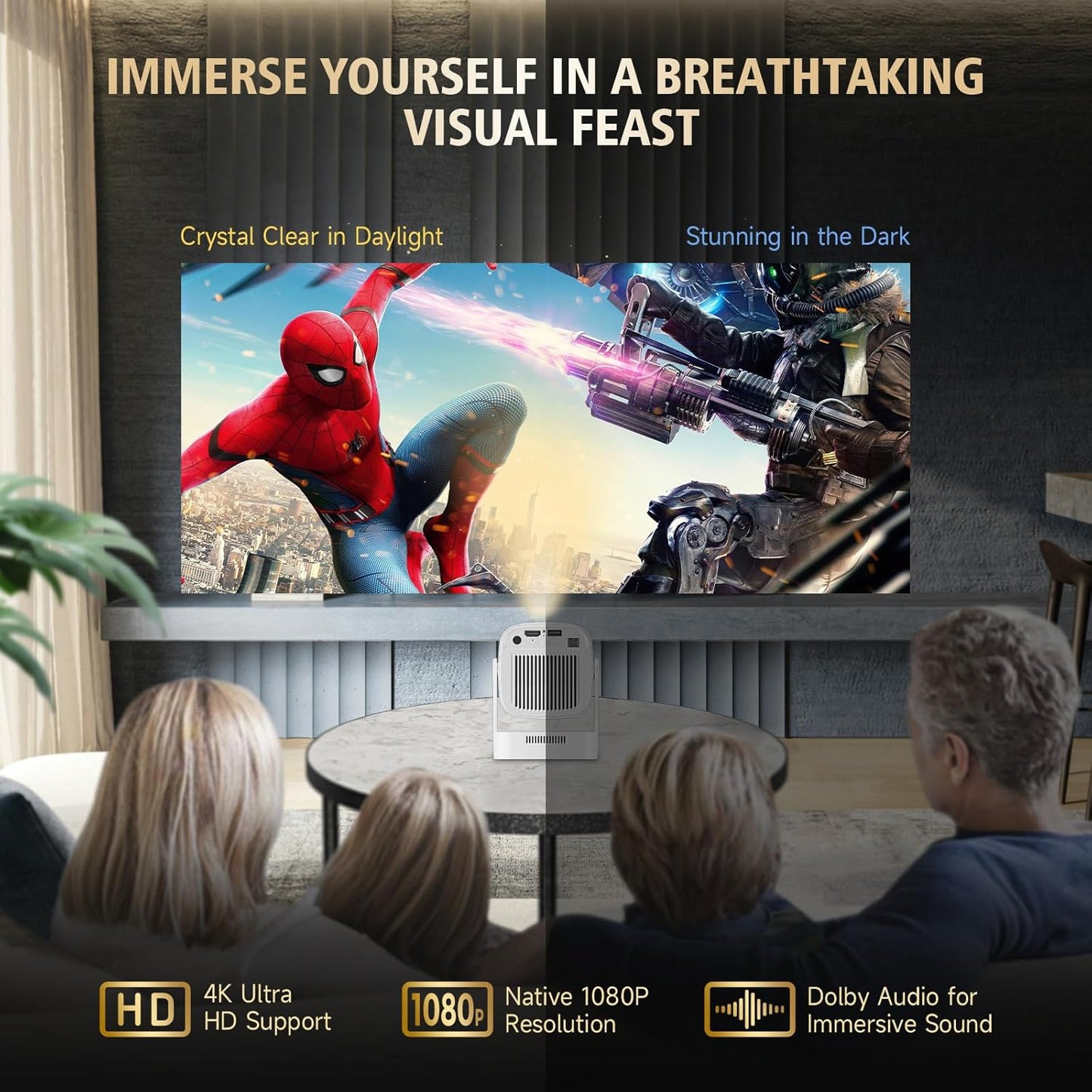 Mini Projector with WiFi and Bluetooth, Support 4K 1080P, 150 ANSI Portable Projector, Auto Keystone Correction, 40"-130" Screen Video Projector, Compatible with Smartphone,TV Stick,Laptop (HY300)