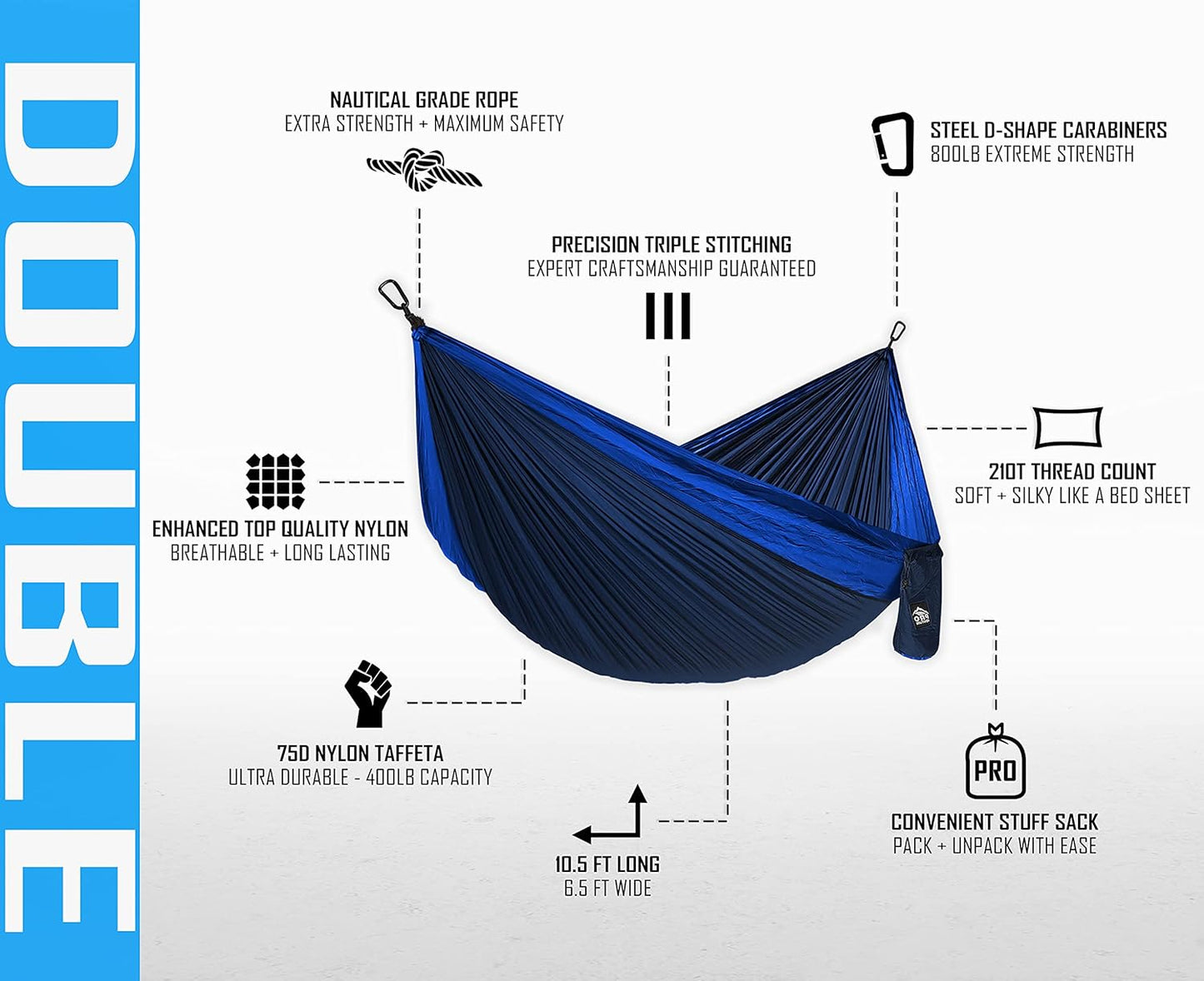 Camping Hammock 500 lb Capacity – Portable Double Hammock with Tree-Friendly Straps and Carabiners, Lightweight for Backpacking, Hiking, Travel, Beach, Backyard