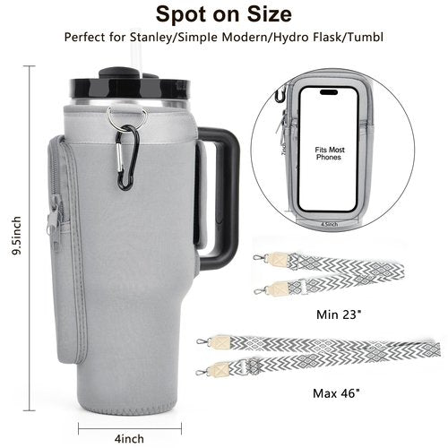LOKASS Water Bottle Holder with Strap for Stanley Cup 40 oz Tumbler with Handle, Personalized Initial, Water Bottle Carrier Bag with Phone Pocket for Stanley Cup Accessories Grey A