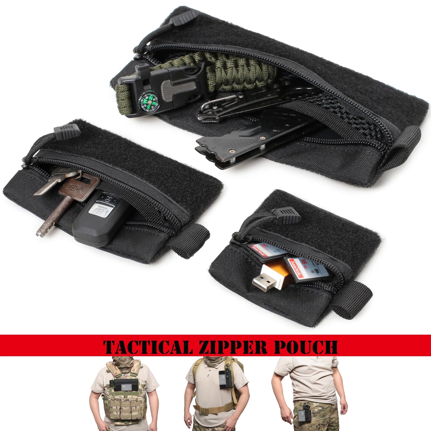 3 Pieces MINI Tactical Tool Zipper Pouch with US Patches & D-Ring Clips - Expansion Pouch,Bag Insert EDC Organizer,Utility Storage Accessories with Hook Fasteners for Vest Backpack Bag Hook and Loop