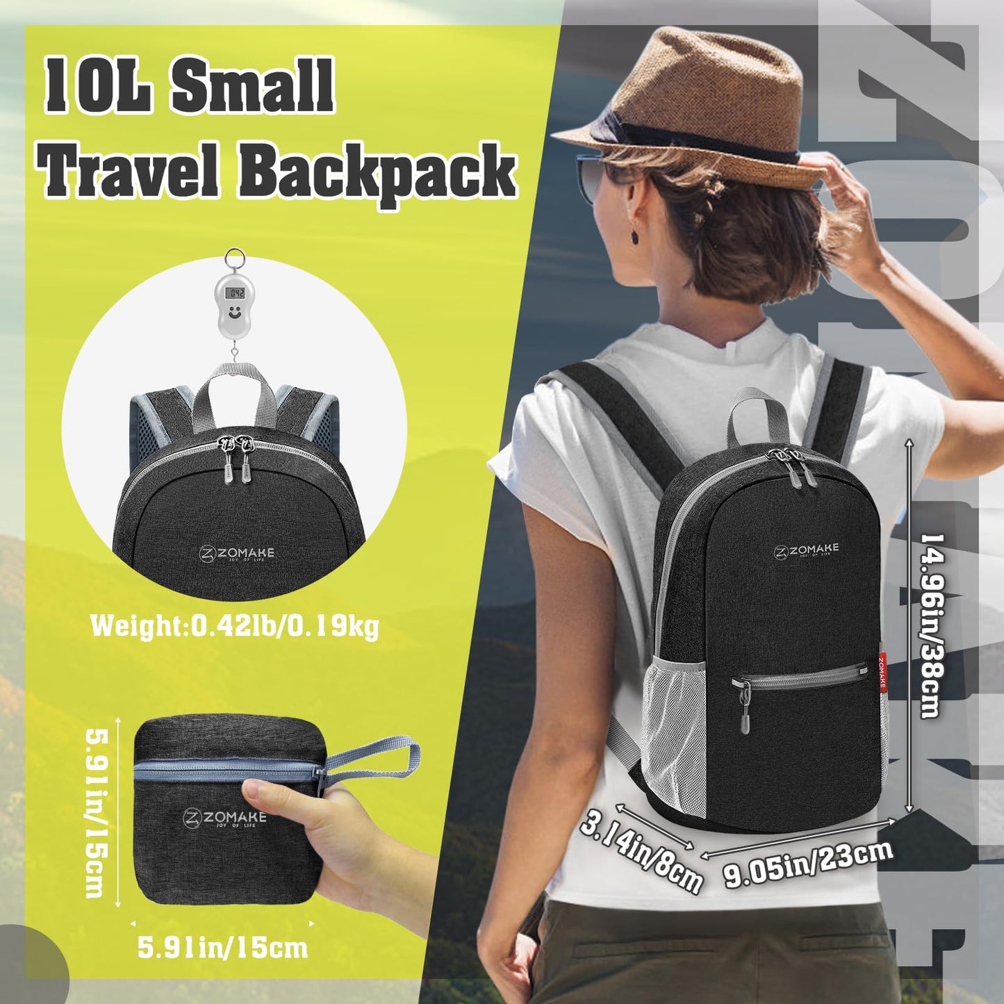 ZOMAKE 10L Lightweight Packable Hiking Backpack, Small Travel Hiking Daypack for Women Men Tear Resistant Foldable Day Pack for Camping Outdoor Sports(Black)