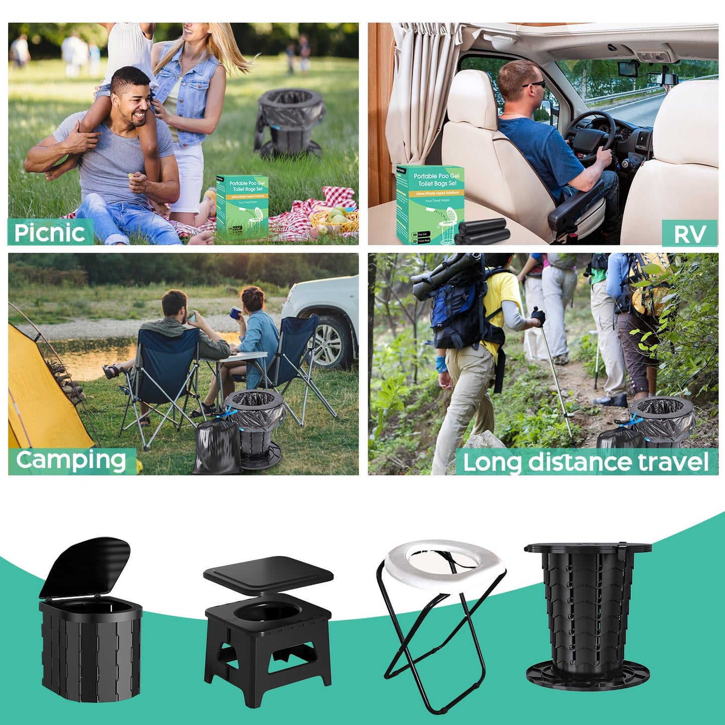 30 Portable Toilet Bags Poo Gel Set, 8 Gallon Camping Toilet Bags with Portable Absorbent Toilet Gel, Urine Powder with Potty Trash Waste Bags for Outdoor Camping, Traveling, Emergency