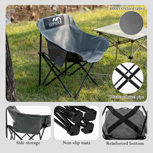 U2PICK Folding Camping Chairs, Portable Moon Chair Support Up to 330Lbs with Carry Bag, Lightweight Foldable Outdoor Chair with Cup Holder, Gray