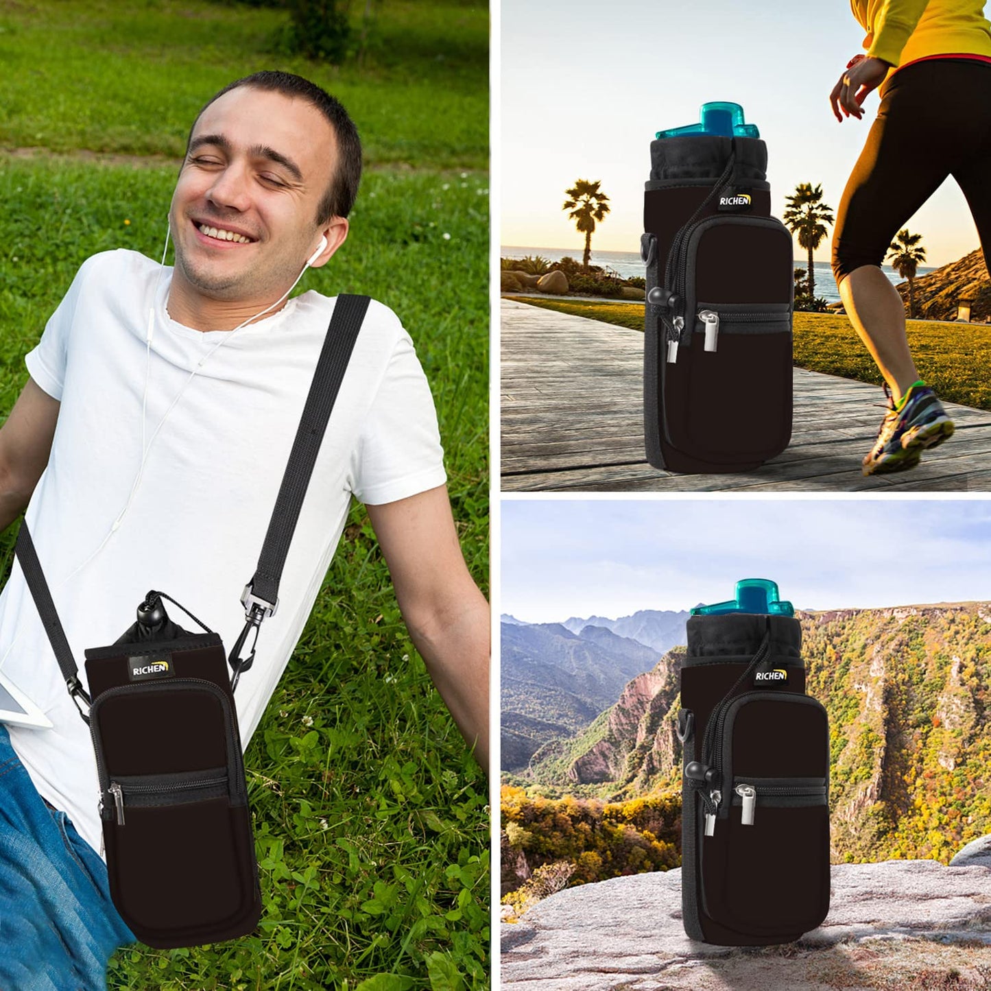 RICHEN Neoprene Water Bottle Carrier Bag 25/32/40 oz, Bottle Pouch Holder with Adjustable Padded Shoulder & Handle Strap and Front Pockets for Men/Women Hiking Travelling Camping (Black, 40oz)
