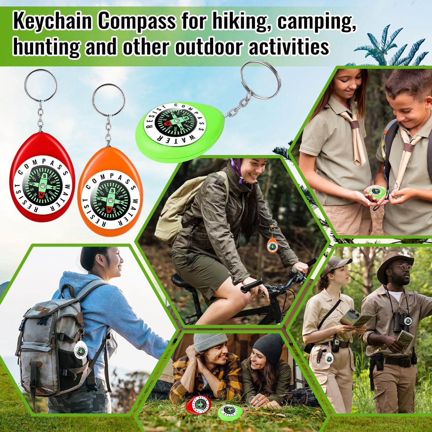 15Pcs Mini Keychain Compass, Colorful Survival for Kids, Pocket Mini Compass for Outdoor Hiking Camping Hunting Climbing