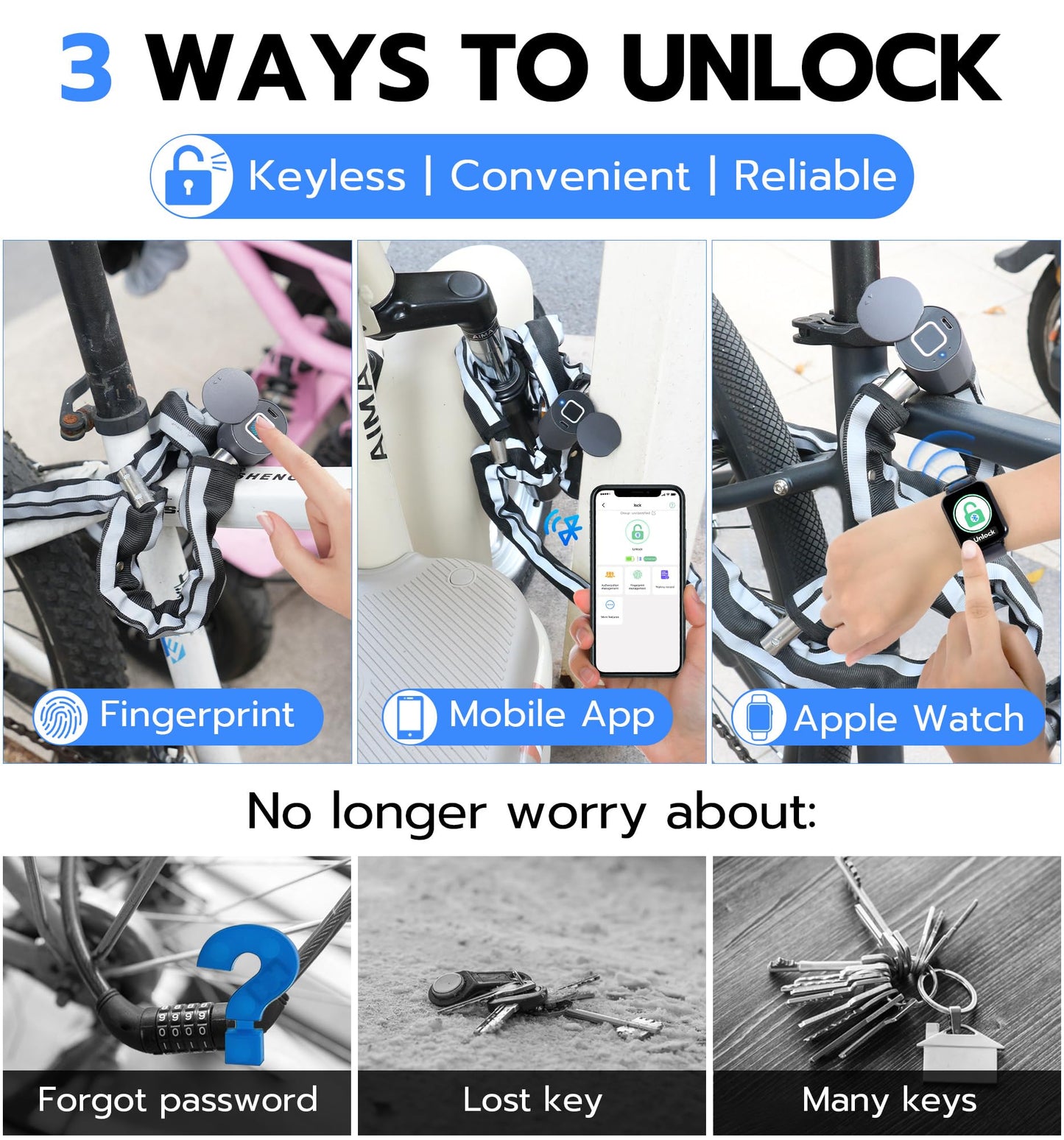 Anweller Scooter Chain Lock, Electric Scooter Accessories, Fingerprint Keyless Biometric Smart Bluetooth App Electronic Digital Heavy Duty Anti Theft Bike Lock