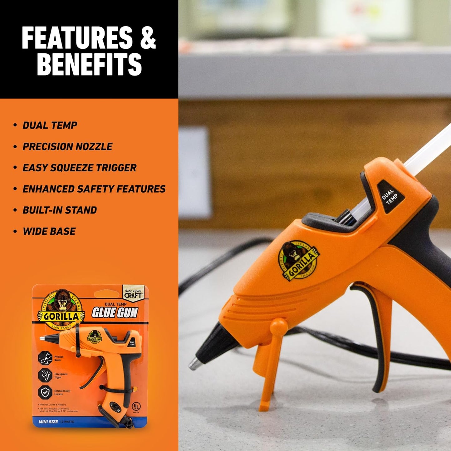 Gorilla Mini Hot Glue Gun Kit (Pack of 1 Mini Hot Glue Gun and 30 Sticks) - Dual Temp, Precision Nozzle, and Easy Squeeze Trigger