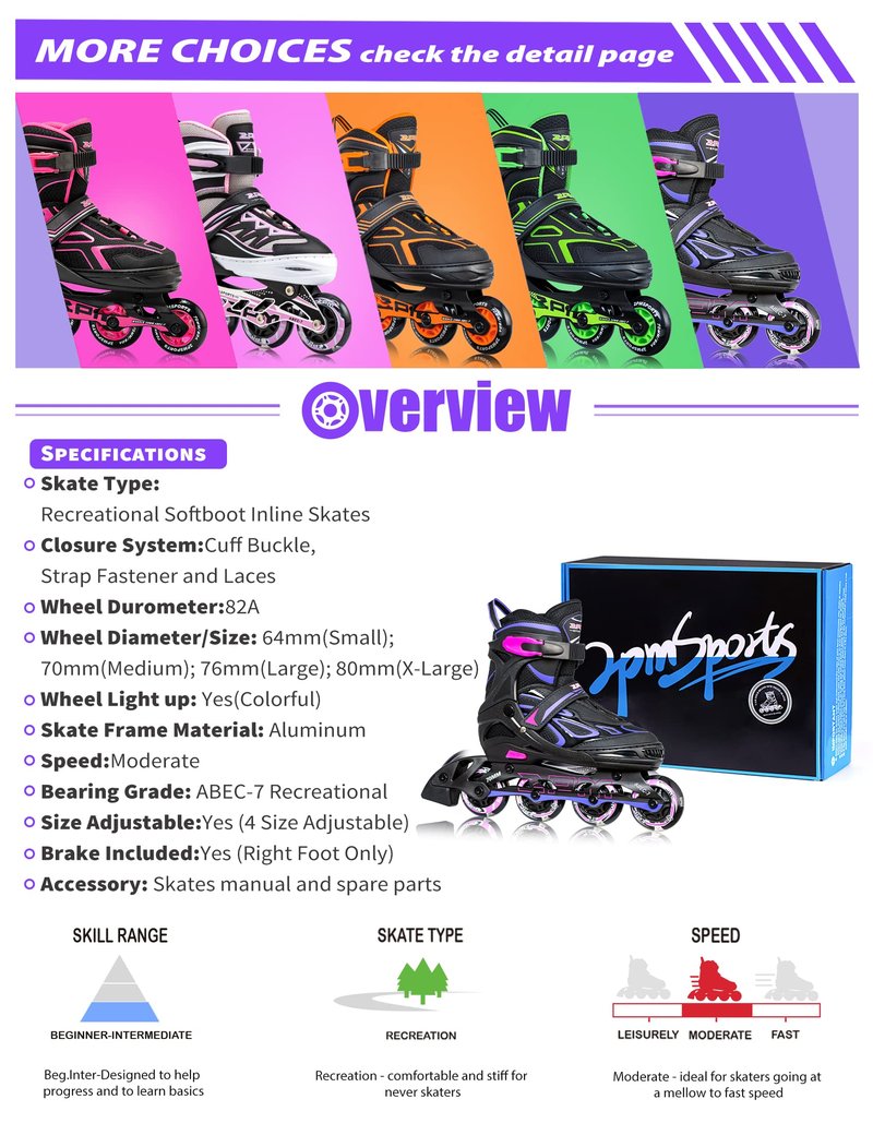 2PM SPORTS Vinal Inline Skates for Women with Light Up Wheels Beginner Skates Fun Illuminating Outdoor Roller Skates for Kids and Adults Men - Vinal Extra Large