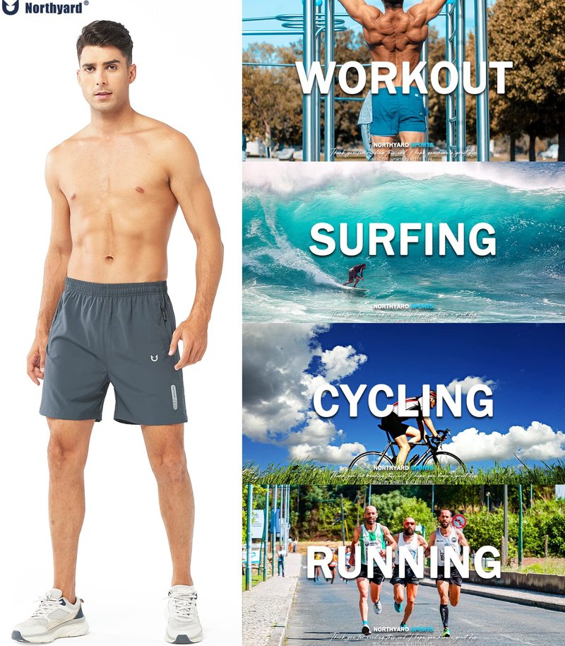 NORTHYARD Men's Athletic Running Shorts Gym Workout 7"/9"/5" Quick Dry Lightweight Sports Basketball Tennis 3 Zipper Pockets COOLGREY-5inch XL