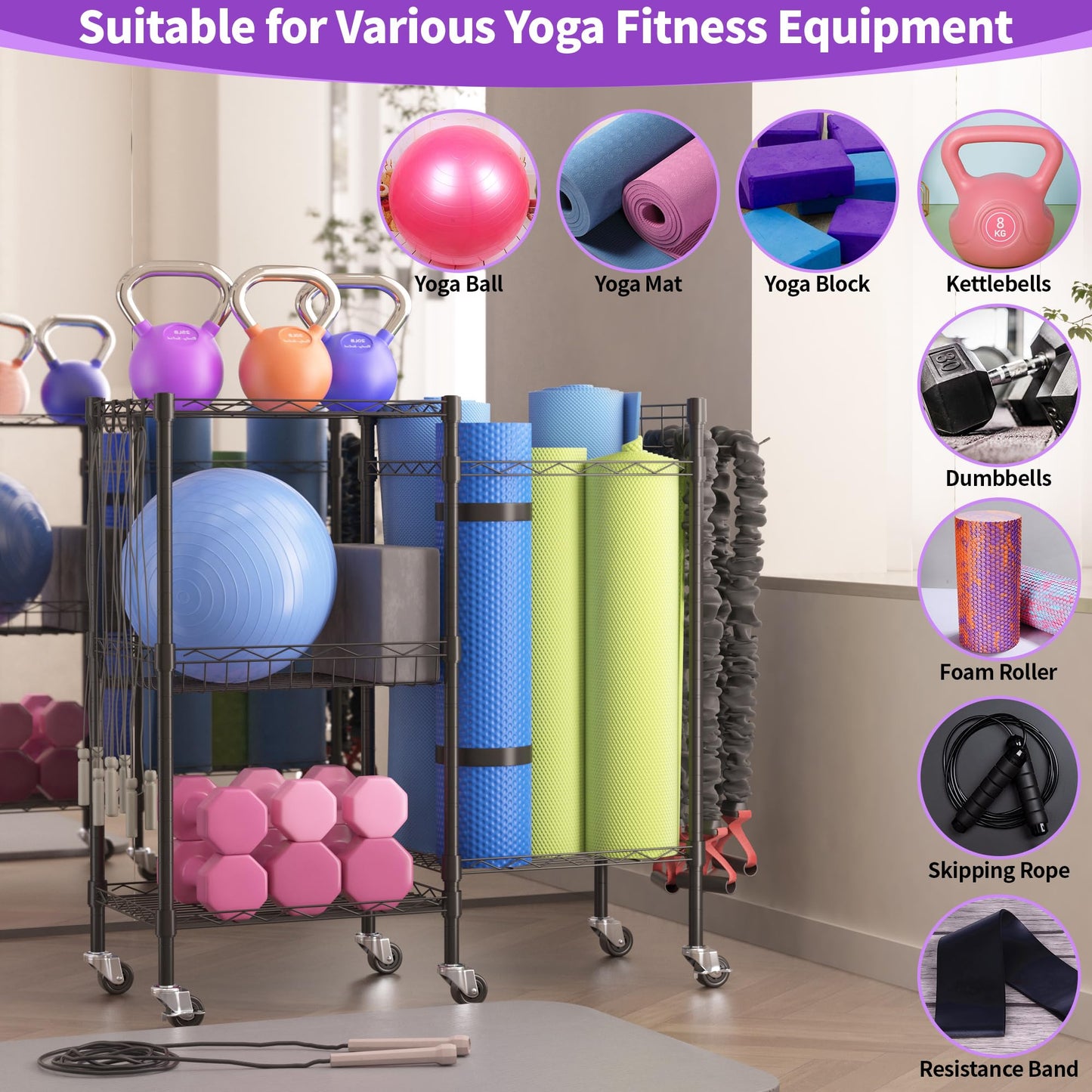 lesolar Rolling Yoga Mat Storage Rack, Yoga Storage Organizer for Home Gym Storage, 3 Tiers Gym Equipment Rack for Straps Dumbbells Kettlebells Foam Rollers Light Hand Weights Resistance Bands