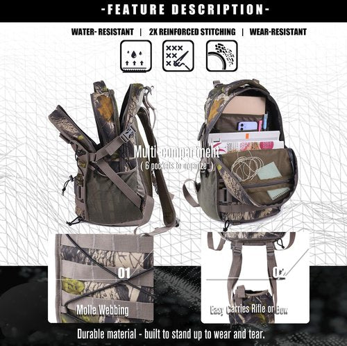 MATIEED Hunting Backpack with Rifle Bow Holder Hunting Daypack with Waterproof Rain Cover for Camping Hiking
