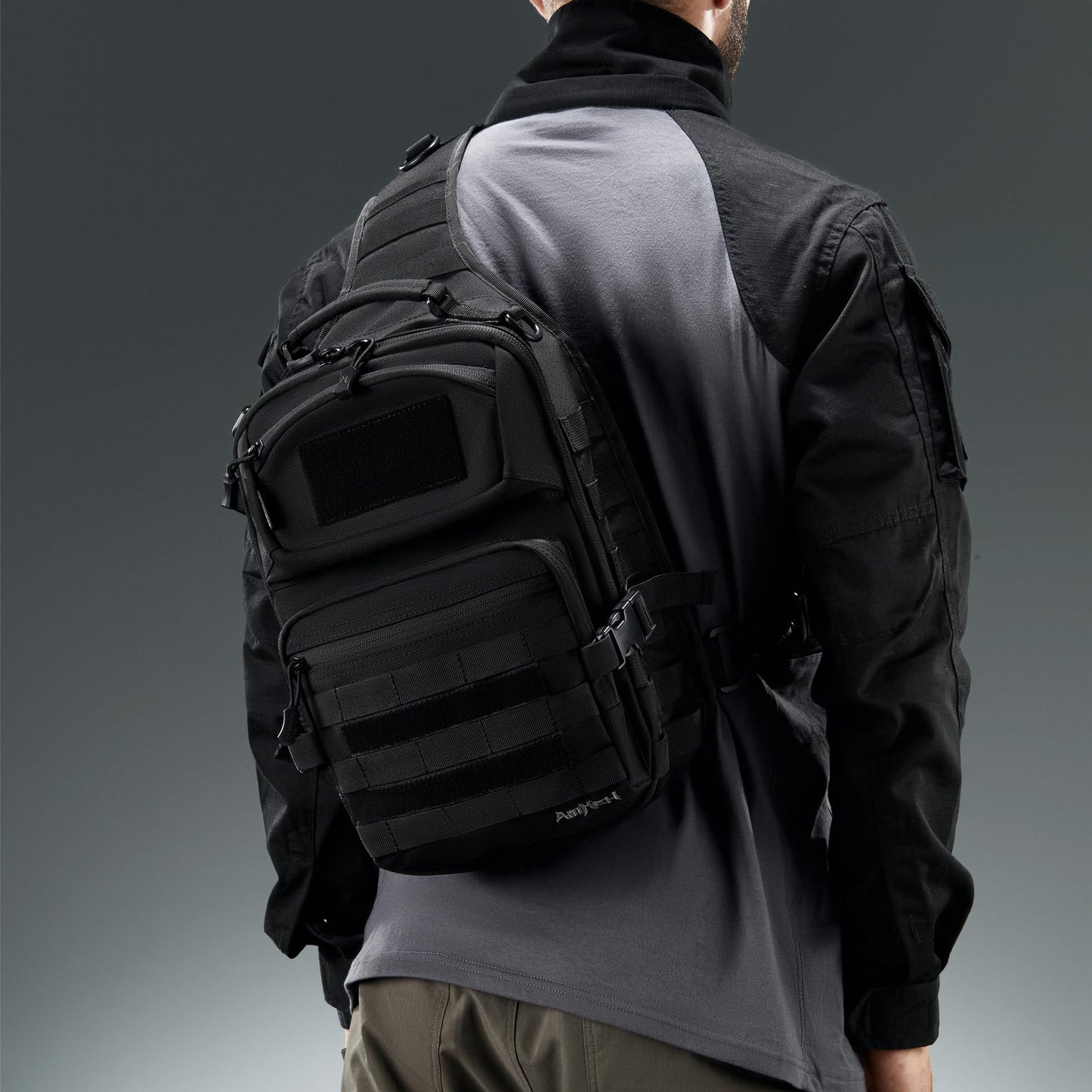 AMHEH Military Tactical Crossbody Sling Bag One Strap Backpack 15L Black | Fit 12 Inch Laptop, Molle, Travel, Hiking, Daily Use