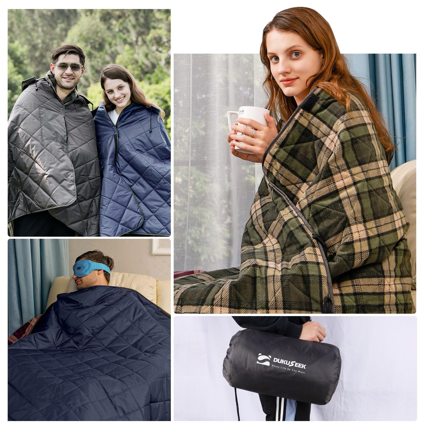 DUKUSEEK Waterproof Camping Blanket with Super Thick Fleece Lining, Large Outdoor Blanket Windproof with Foldable Hood for Camping Stadium Sporting Events,79"x 58"