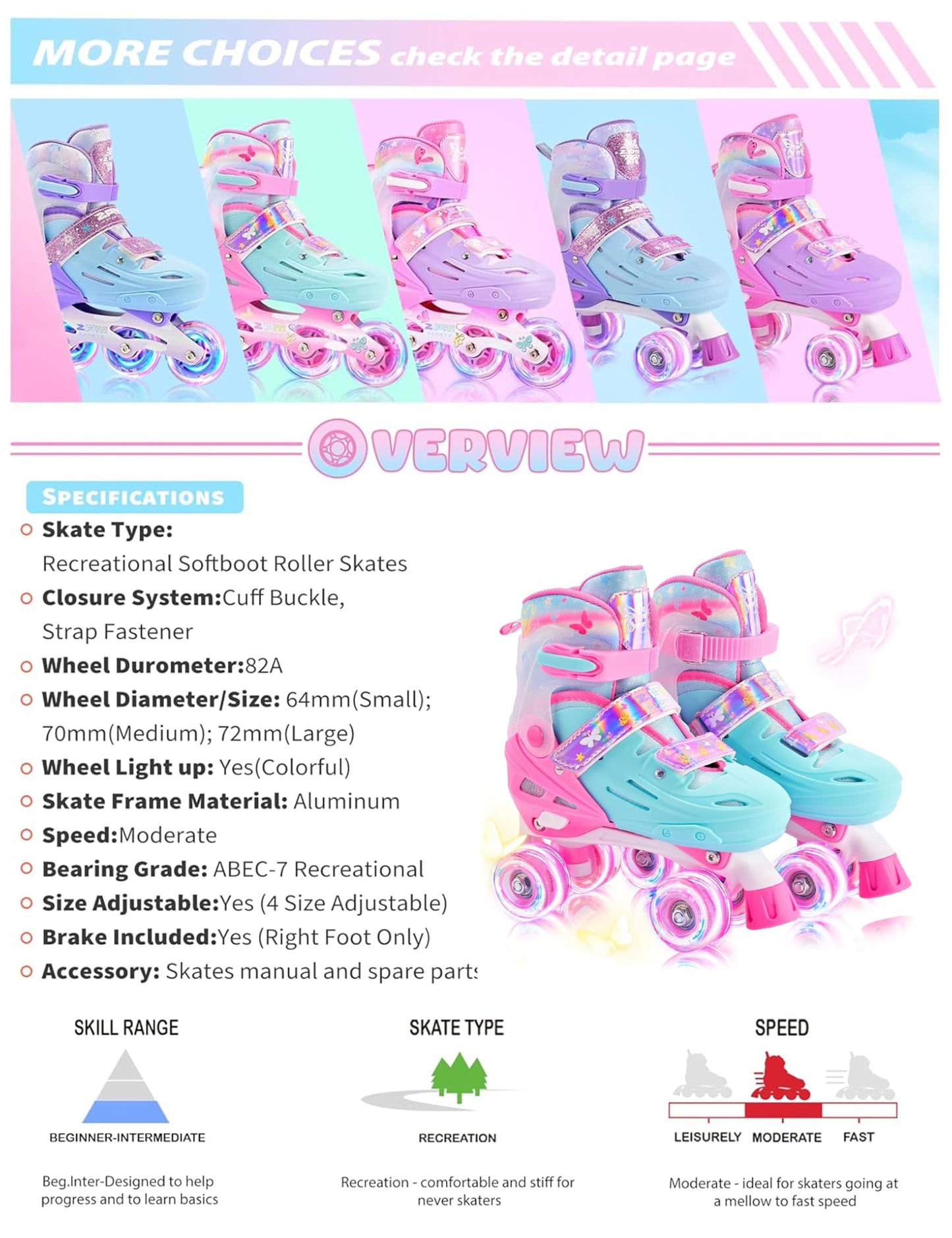 2PM SPORTS Adjustable Roller Skates for Girls Kids Ages 3-5 4-7 5-8 6-12 8-12 with Light Up Wheels, Outdoor Indoor Rollerskates for Kids Beginner Toddler Little Girl Youth Pink Green Butterfly