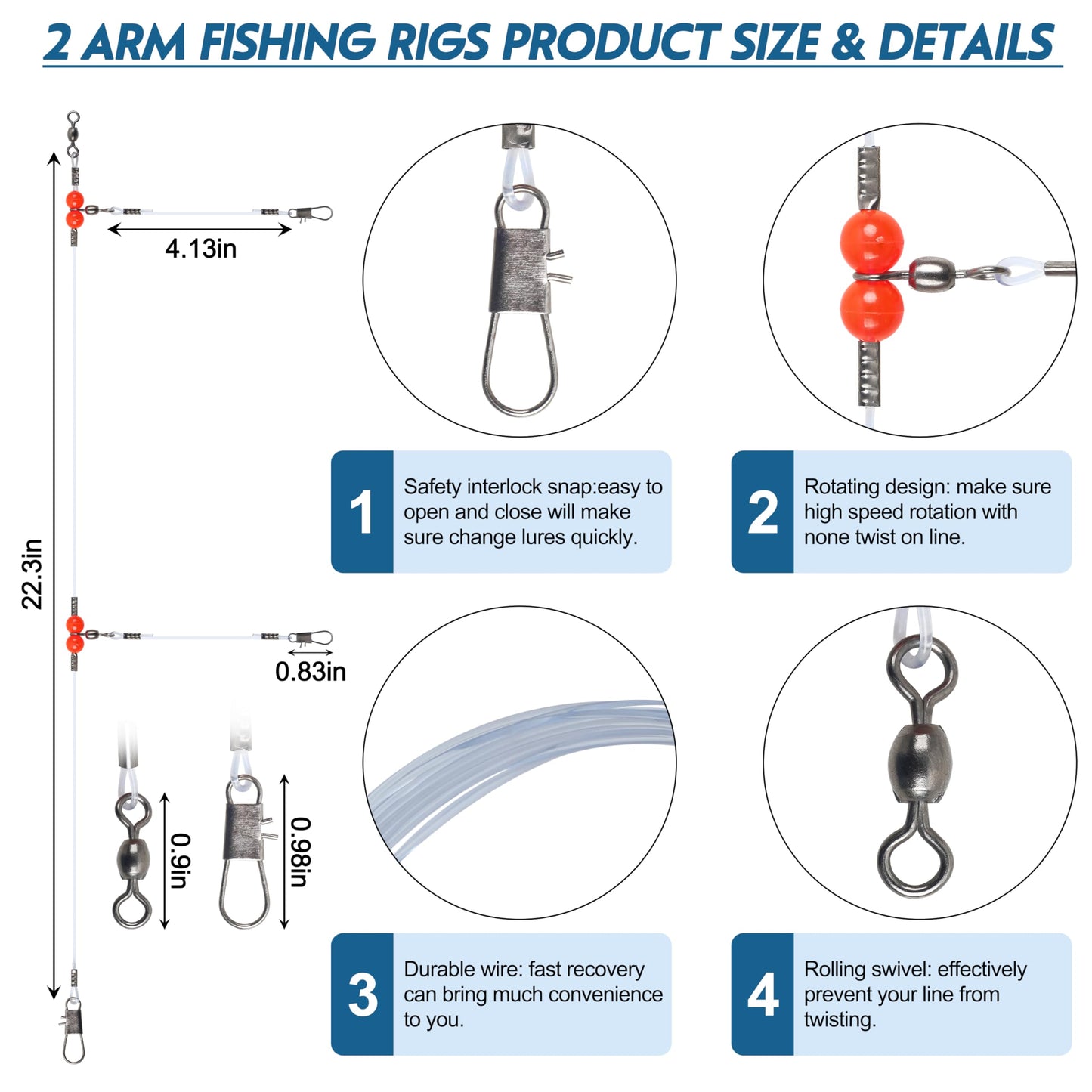 Fishing Leader Rigs Saltwater Tackle Rigs with Swivels Snaps, High Strength Wire Leaders Rigging Surf Fishing Gear Equipment for Lures Bait Hooks Catfish Walleye, Blue, 2arm, 12pcs