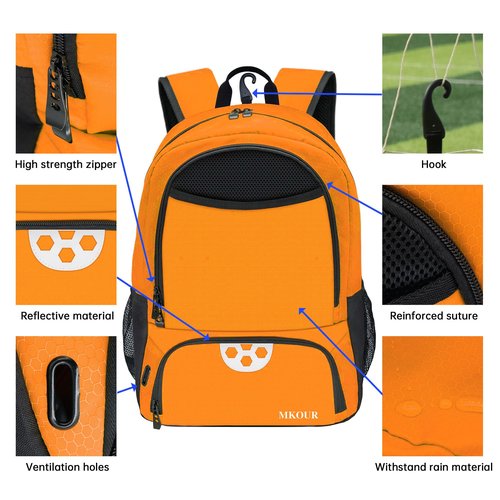 Mkour Soccer Bag-Backpack for Football Basketball Volleyball, Soccer Bags with Ball Compartment and Ball Holder (Orange)