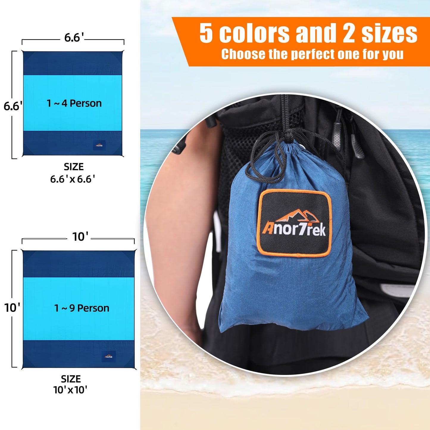 AnorTrek Beach Blanket Sandproof, Extra Large Beach Mat, Sand Free Mat Quick Drying, Lightweight, Soft & Durable Mat for Beach, Yard (Dark Blue & Blue, 10 x 10 FT (1~9 Person))