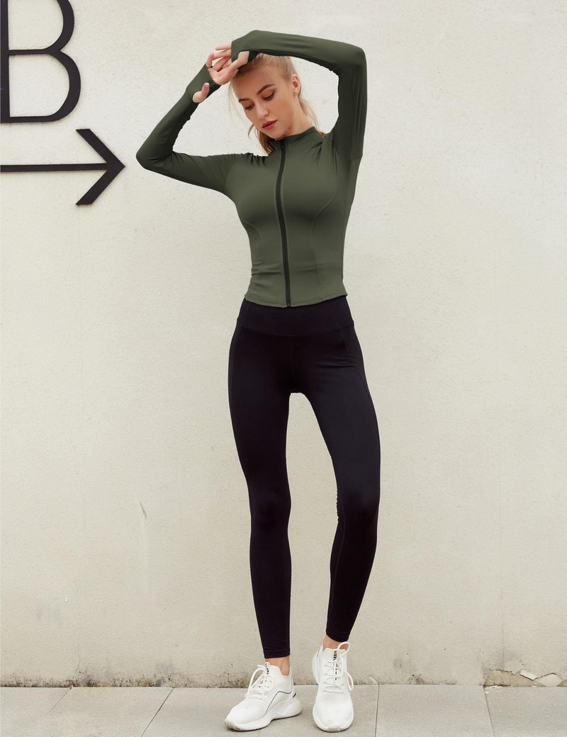 Lviefent Womens Lightweight Full Zip Running Track Jacket Workout Slim Fit Yoga Sportwear with Thumb Holes (Army Green, X-Small)