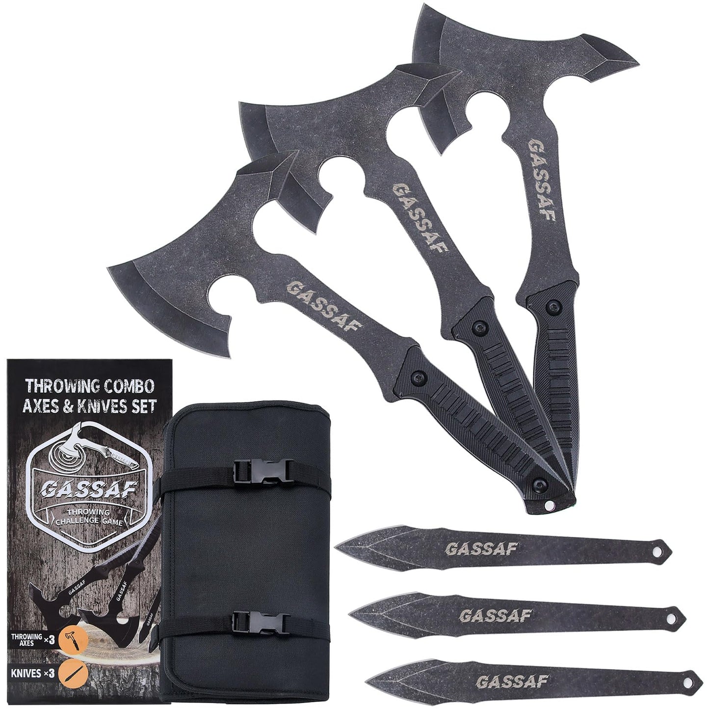 GasSaf Throwing Axe Knife Set Stainless Steel Throwing Tomahawk Axe and Stainless Steel Well-Balanced Throwing Knife, Protective Nylon Sheath for Recreation and Competition(3 Packs)