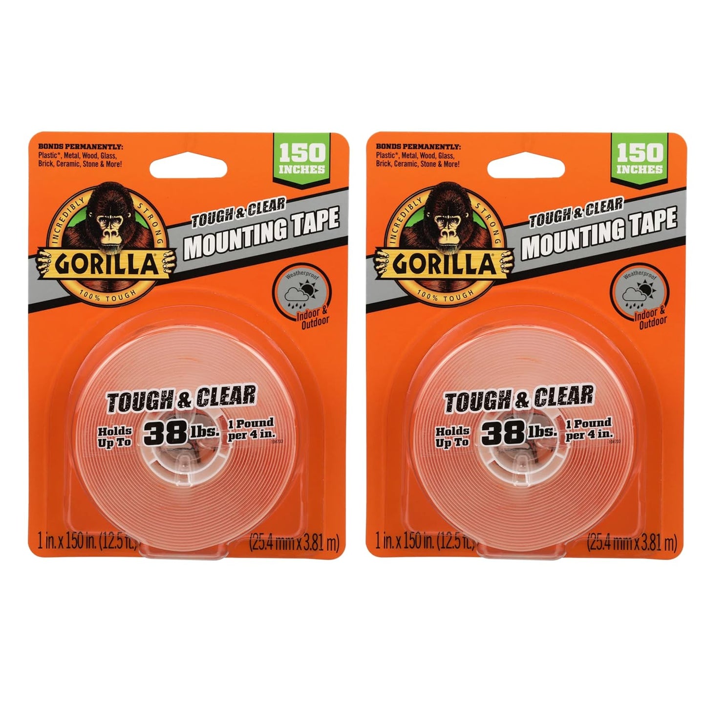 Gorilla Tough & Clear Double Sided Mounting Tape, Clear Tape, 1" x 150" (Pack of 1) - Weatherproof for Indoor or Outdoor