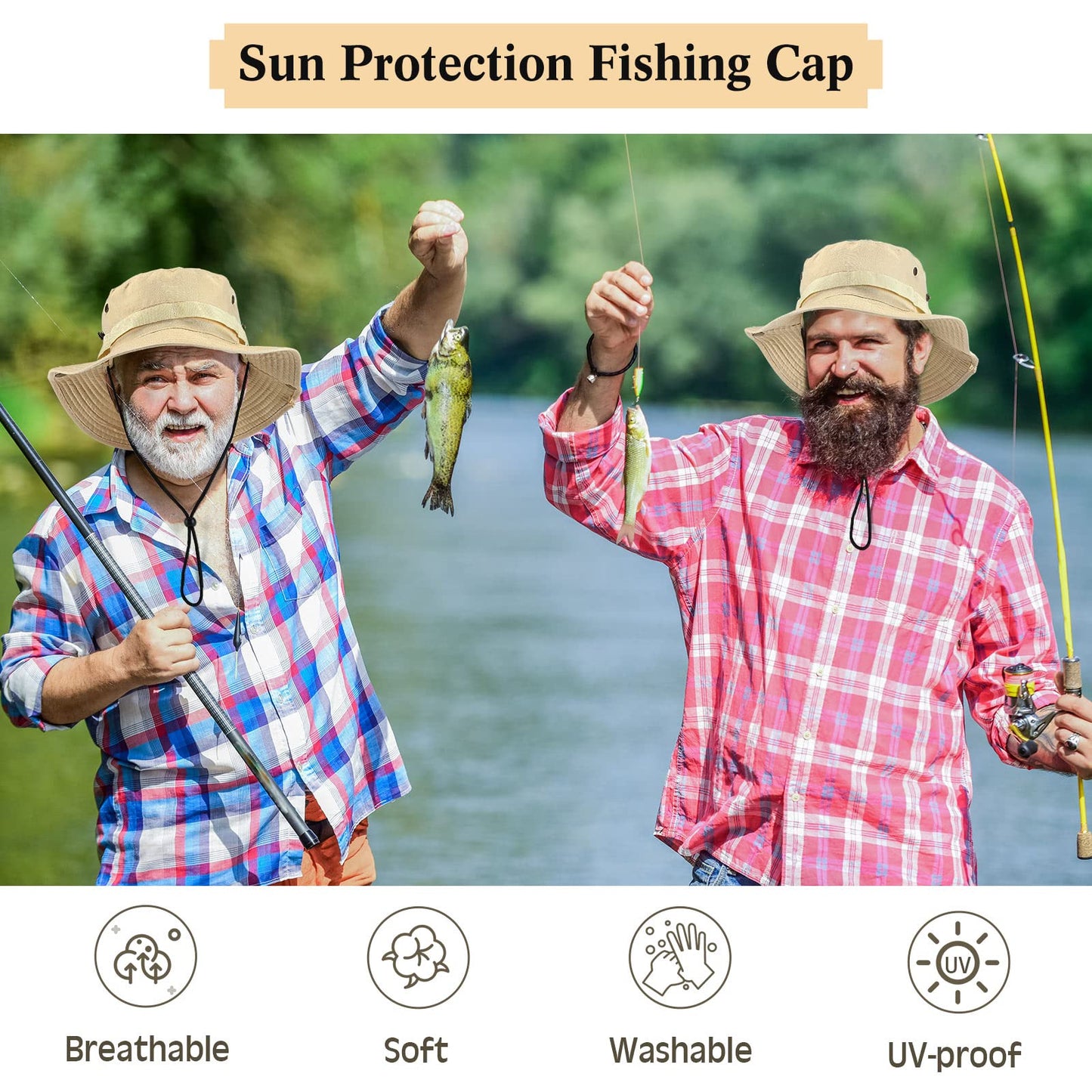Xtinmee 10 Pieces Bucket Hat Bulk Wide Brim Boonie Hiking Fishing Safari Hat with Chin Strap for Women Men Adult Summer(Khaki)