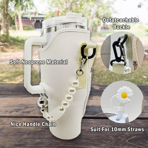 Water Bottle Carrier Bag with 2 Cup Sling 1 Straw Cover for 40oz Stanley Crossbody holder, Water Bottle Holder Pocket tumbler carrier with strap for Stanley Cup Accessories (White)
