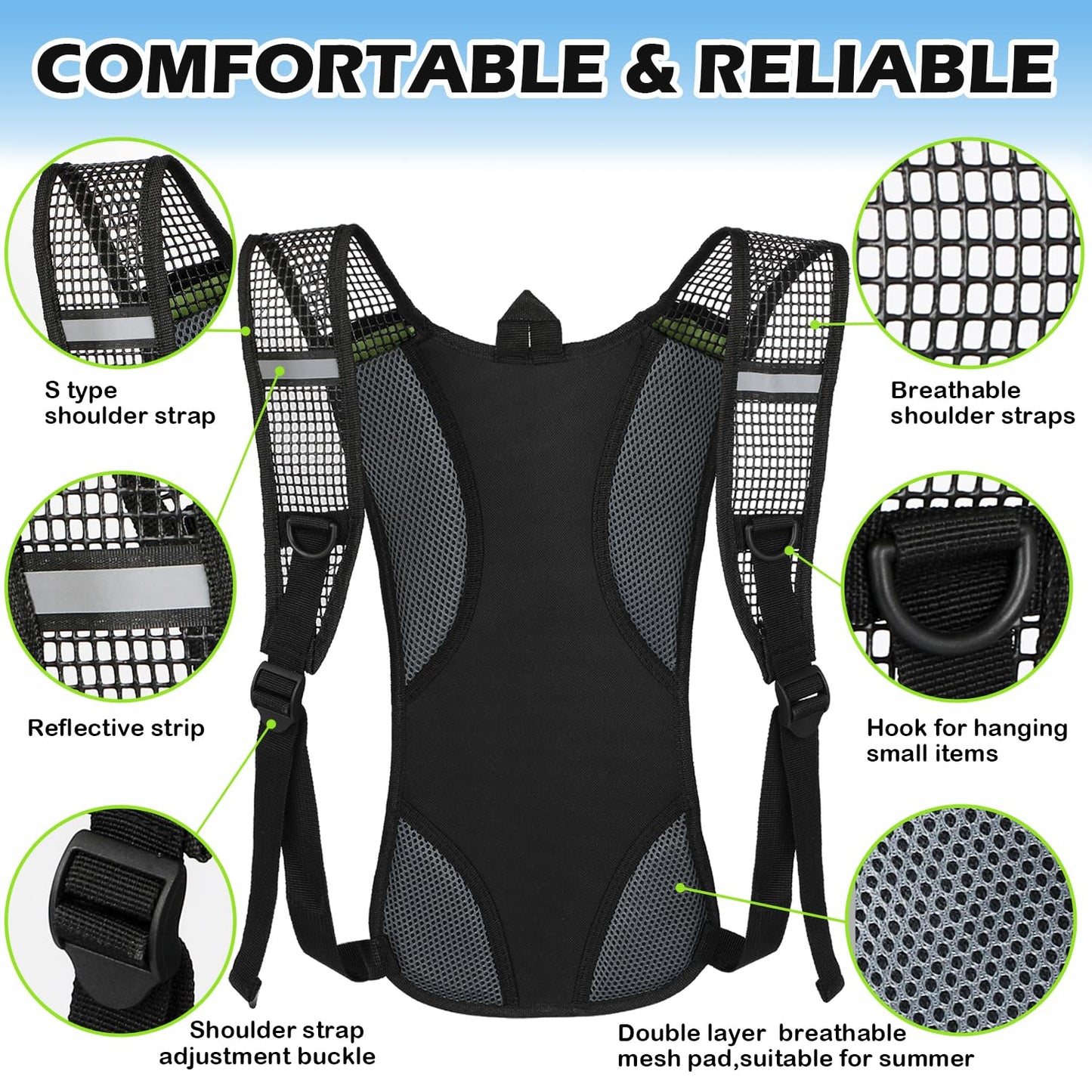 Hydration Pack Backpack, Insulated Water Backpack with 2L Bladder, Suitable for Hiking, Cycling, Running, Camping, Rock Climbing and Other Outdoor Activities (Black)