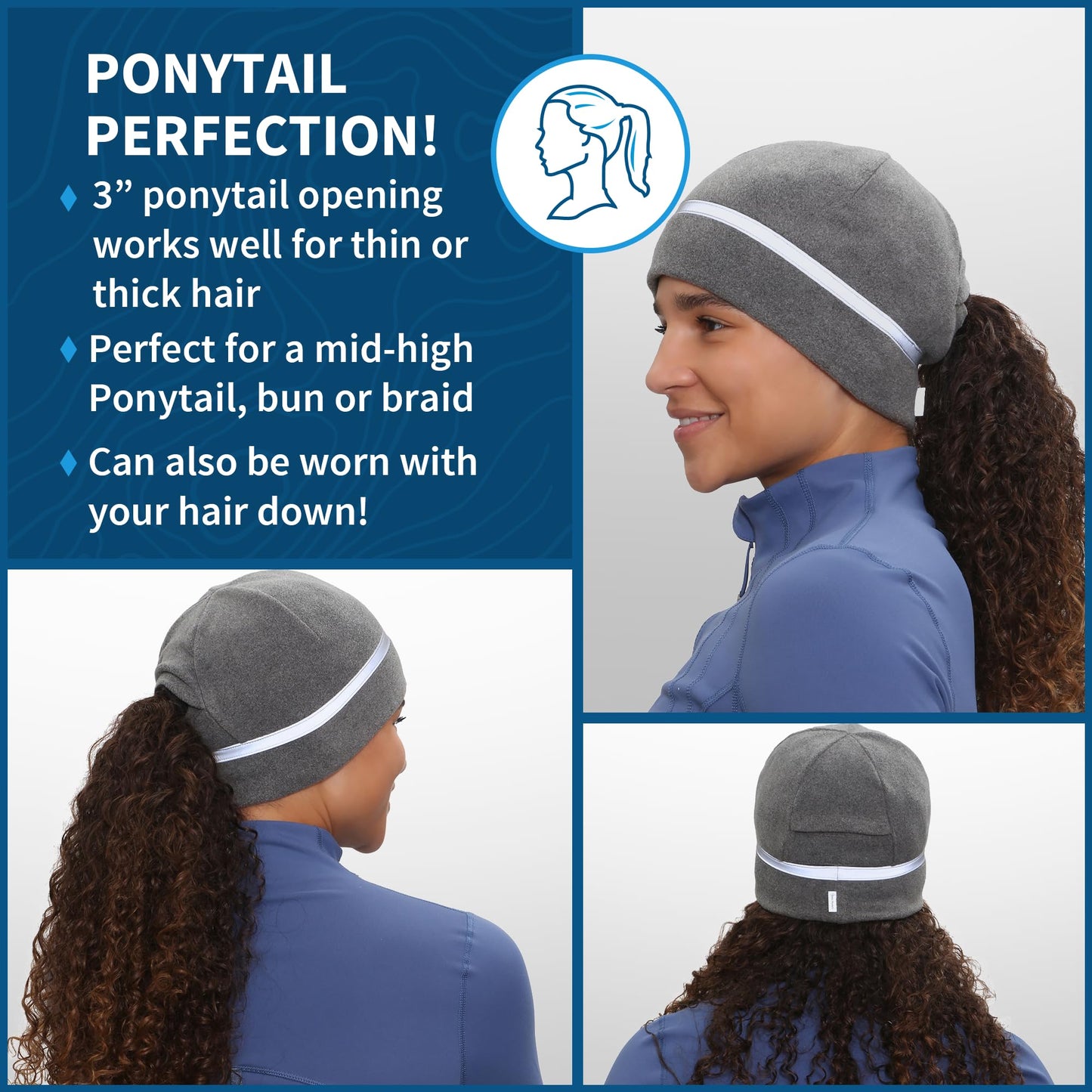TrailHeads Women's Ponytail Hat | Reflective Cold Weather Running Beanie | Hat for Running, Hiking, XC Skiing - Heather Grey